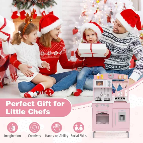 Miniatura 8 de Costzon Juego de Cocina para Niños, Juguetón de Madera de Pequeño Chef con 3 Alturas Ajustables, Barra de Toallas, Cortinas, Microondas, Estufas