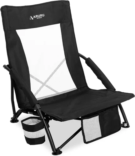 Sillas de playa plegables bajas para adultos, silla de camping portátil ligera con soporte para tazas, silla de campamento plegable para conciertos