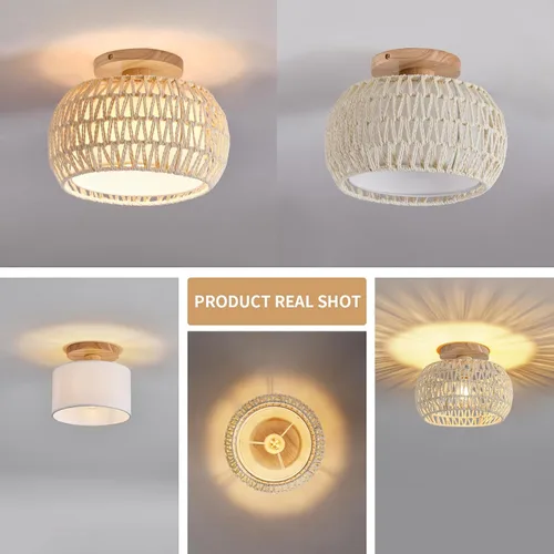 Miniatura 5 de Lámpara de techo de ratán bohemio, 3 opciones de estilo, luces de techo de mimbre semiempotradas, accesorios de luz costera beige, candelabro