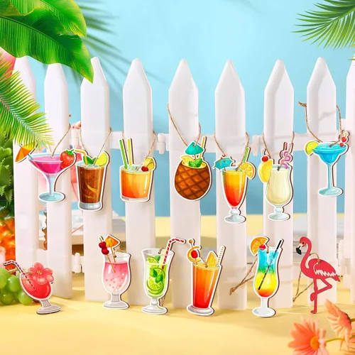 Miniatura 7 de Geelin 36 piezas de adornos colgantes de madera de verano para árbol mini decoración de árbol hawaiano playa colgante de madera con cuerda