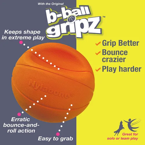 Miniatura 12 de Nylabone Power Play Gripz - Juguete de fieltro de goma para baloncesto, pelota chirriante para perros, tamaño mediano (1 unidad)