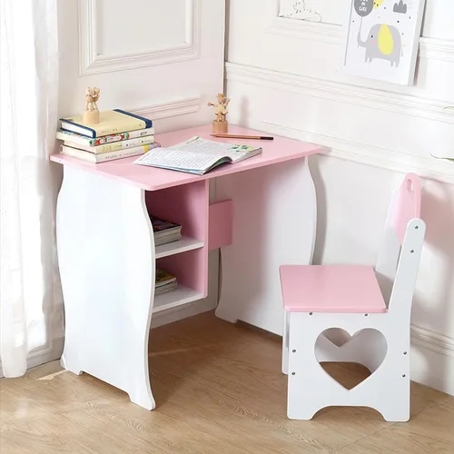 Juego de escritorio y silla para niños, escritorio de estudio para niños con estante de almacenamiento, mesa de estudio escolar de madera, mesa de