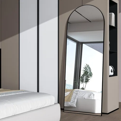 Miniatura 8 de Espejo de longitud completa, espejo de arco de 56 x 16 pulgadas con soporte, espejos de cuerpo completo arqueados negros para colocar de pie