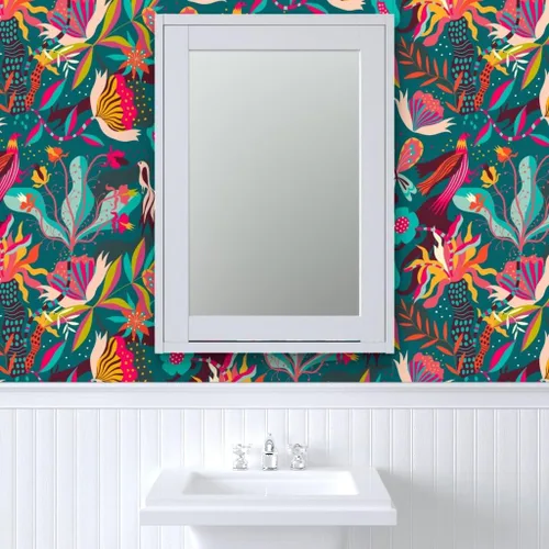 Miniatura 9 de Spoonflower Papel tapiz para despegar y pegar, flores brillantes de la selva florecen tropical, medianoche, exótico, papel tapiz extraíble