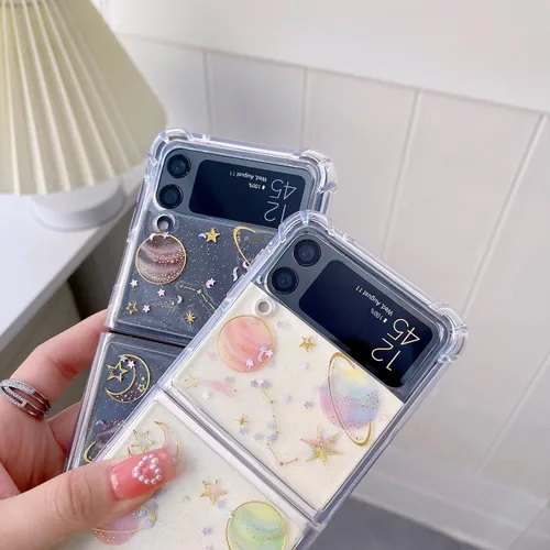 Miniatura 5 de Funda protectora para Galaxy Z Flip 4, suave y transparente de goma flexible, planeta y estrellas espaciales, brillantes, para niñas y mujeres, a