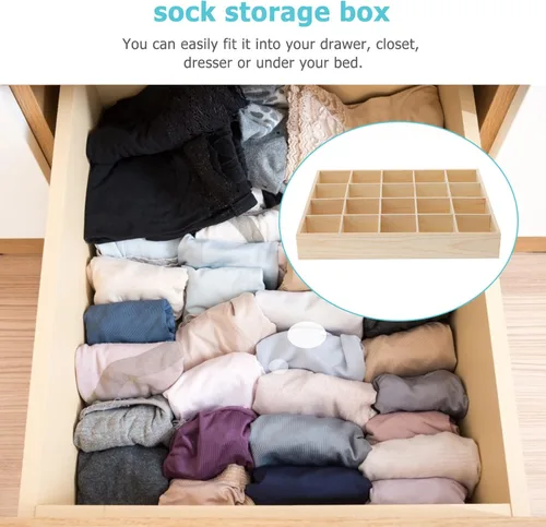 Miniatura 8 de Artibetter 1 caja de almacenamiento de madera con 20 compartimentos, estable, práctica, para ropa interior, organizador de calcetines, contenedor