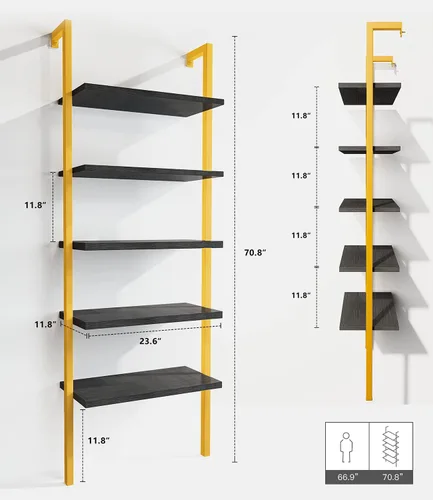 Miniatura 2 de DKLGG Estantería de escalera de 5 niveles, estantería industrial montada en la pared, estantería de escalera estrecha con tablero de madera y marco