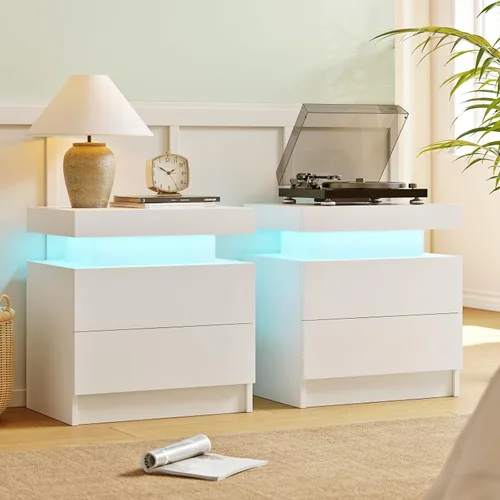 Miniatura 12 de Juego de 2 mesitas de noche con 2 cajones de madera, moderna mesita de noche LED para dormitorio LED Night Stand set 2,Night Stands set of 2 for