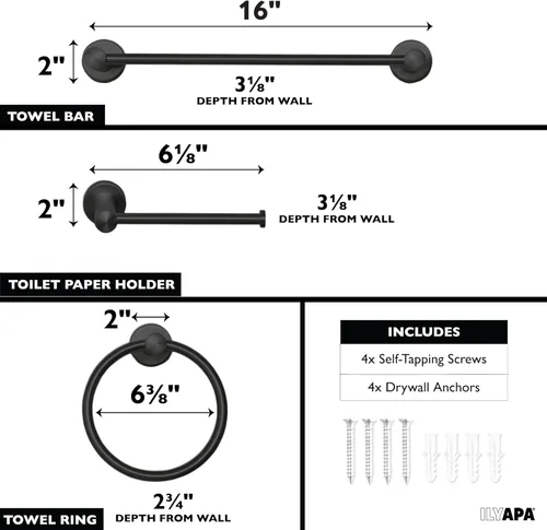 Miniatura 2 de Ilyapa Juego de accesorios de baño negro, juego de 3 piezas para montaje en la pared, barra para toallas, soporte para papel higiénico, anillo