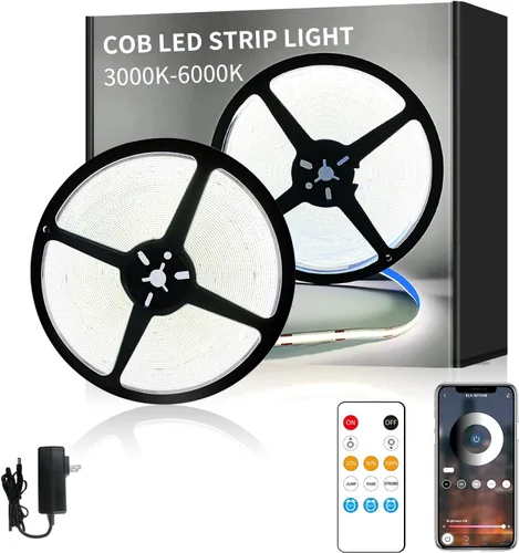 Miniatura 9 de Tira de luces LED COB de 32.8 pies, CC 24 V, regulable, 6000 K, luz de cinta LED flexible blanca para dormitorio, con control remoto y aplicación
