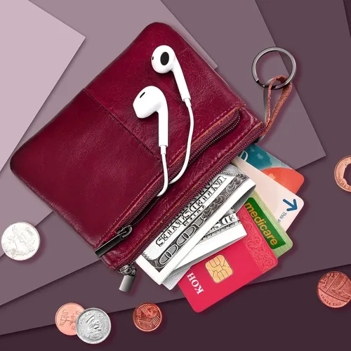 Miniatura 7 de Monedero de cuero genuino con triple cremallera para tarjetero con llavero, Rojo vino, Monedero
