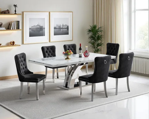 Miniatura 18 de Juego de mesa de comedor de mármol sintético, 7 piezas, juego de mesa de cocina y comedor para 6, mesa de comedor rectangular blanca de 70 pulgadas
