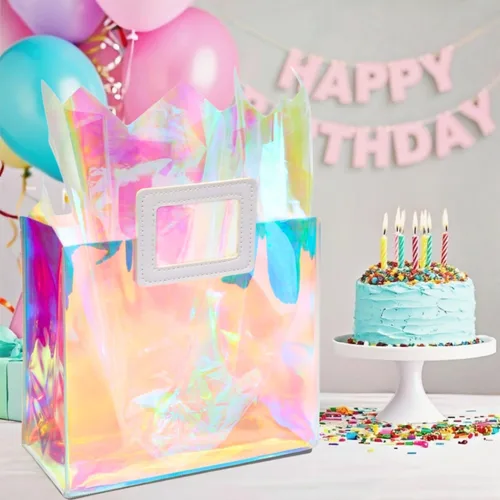 Miniatura 2 de Bolsa de regalo holográfica mediana con papel de seda, reutilizable, bolsa de regalo de cumpleaños para mujeres y niñas, iridiscente, despedida de M
