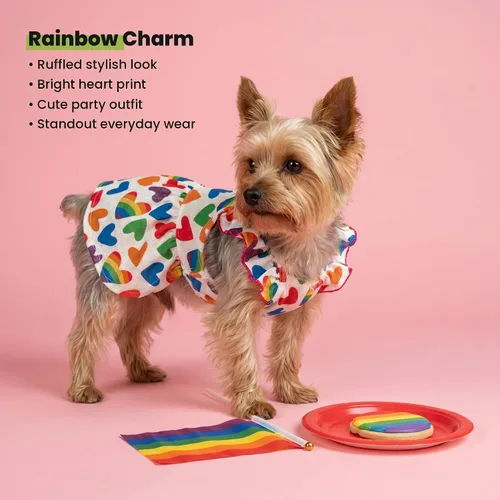 Miniatura 7 de Fitwarm Vestido de Perro con Corazón Colorido, Ropa de Verano para Perros Pequeños Hembra, Lindo Atuendo de Mascota Arcoíris, Rojo, Amarillo, Azul