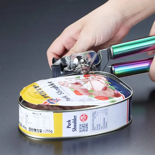 Miniatura 7 de Berglander - Abrelatas de acero inoxidable, mango de arco iris, de mano, abrelatas manual de borde liso, resistente (arcoíris)