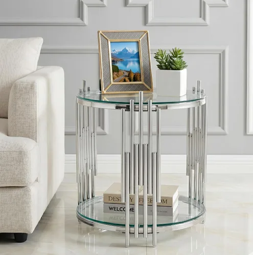 Miniatura 29 de Mesa auxiliar rectangular de vidrio de 48 pulgadas, mesa de centro de 2 niveles con parte superior de vidrio templado negro, patas de acero