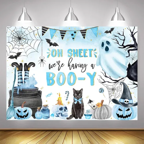 Miniatura 3 de Mocsicka Telón de fondo de Halloween para decoración de fiesta de baby shower de niño Boo-y, pancarta azul, bonita y espeluznante (8 x 6 pies)
