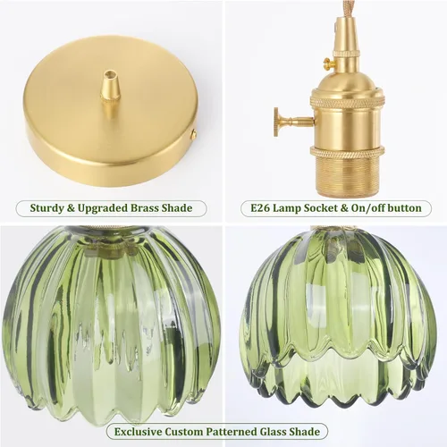 Miniatura 5 de Shenmoyl Lámpara colgante con pantalla de cristal de tulipán verde, lámpara colgante vintage de latón, luz colgante ajustable para cocina, isla