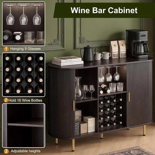 Miniatura 7 de DHH Gabinete de bar de vino de 55 pulgadas con almacenamiento, licor estriado y barra de café con estante para vino y soporte para vidrio, aparador