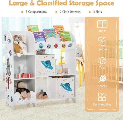 Miniatura 6 de Costzon Organizador de juguetes y libros para niños, estantería de almacenamiento de madera con 5 estantes abiertos, 2 cajas de almacenamiento y 3
