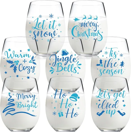 Umigy 8 copas de vino azules de invierno Let It Snow Happy New Year sin tallo, copas de vino de 15 onzas con copo de nieve de invierno Let It Snow