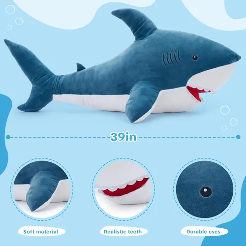 Miniatura 7 de MorisMos Peluche de tiburón gigante de 39 pulgadas, almohada grande de peluche de tiburón para niños, novia, color azul Tiburón azul 39