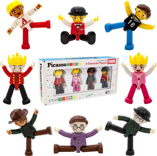 Miniatura 5 de PicassoTiles Figuras magnéticas + 100 azulejos magnéticos + 2 camiones de automóvil, juego de expansión de imán de acción de personajes de 8 piezas