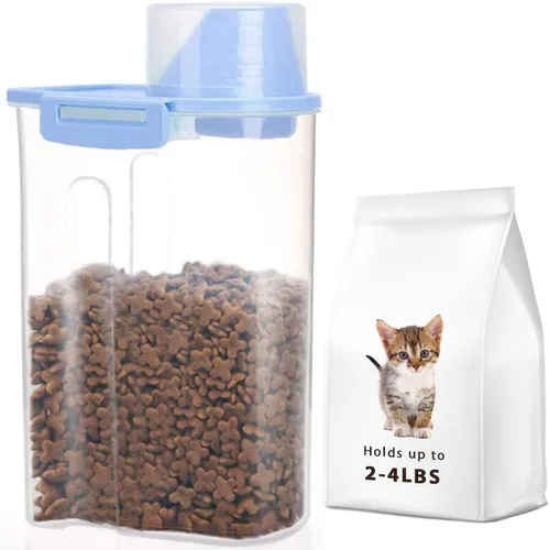Recipiente de almacenamiento de alimentos para mascotas con taza graduada y hebillas de sello, dispensador de alimentos para perros y gatos (azul)