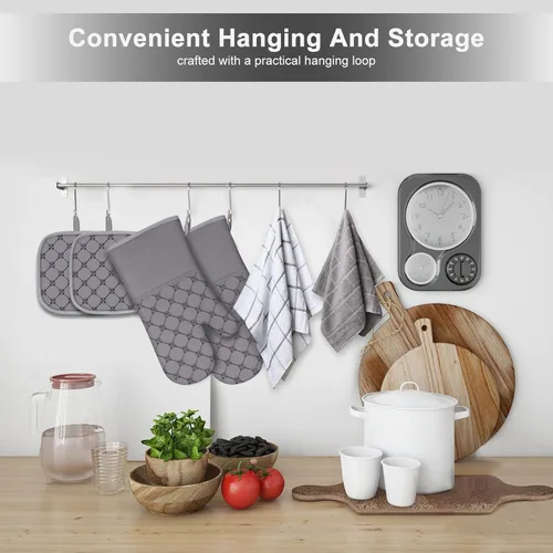Miniatura 6 de Manoplas de Horno Toallas de Cocina Paños de Cocina con Soportes para Ollas Juego de 12 Piezas, Juego de Toallas de Cocina, Guantes de Horno Gris
