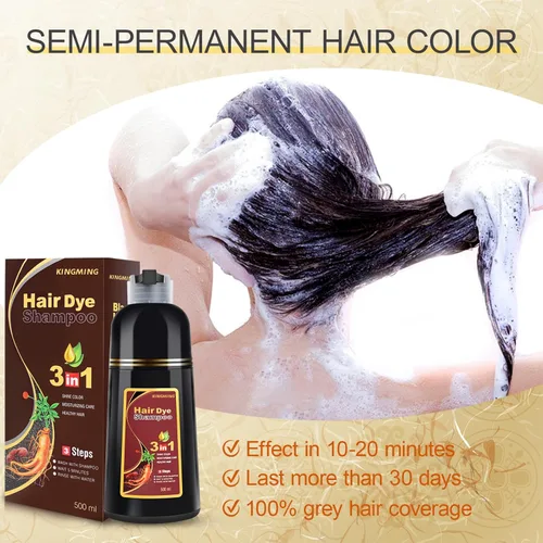 Miniatura 4 de KINGMING Champú de color instantáneo a base de hierbas marrón oscuro para cobertura de cabello gris para mujeres y hombres - 3 en 1 Champu Con Tinte