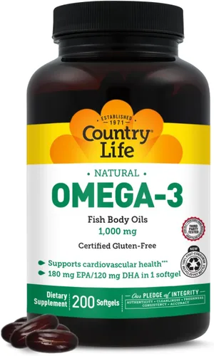 Country Life Suplemento de aceite de pescado omega-3, 1000 mg, 180 mg de EPA y 120 mg de DHA, concentrado de aceite de pescado, sin erupciones, 200