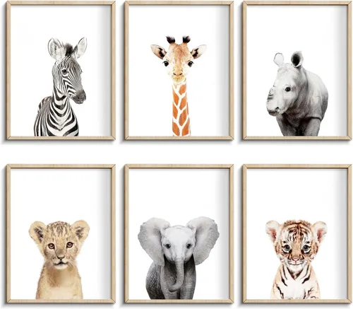 calmart Arte de la pared: 6 Decoración para colgar en la pared de animales de la selva sin marco para la habitación de los niños, guardería, fiesta
