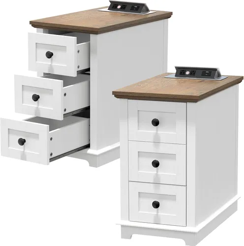 Miniatura 16 de HIFYOBRO - Mesa auxiliar con 3 cajones y estación de carga con tapa abatible, mesa auxiliar con almacenamiento, mesita de noche estrecha de madera