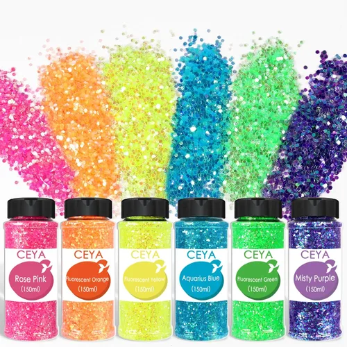 Ceya Juego de purpurina gruesa a granel de 6 colores surtidos, 4.23 onzas cada tarro iridiscente para manualidades de Pascua, lentejuelas de uñas de