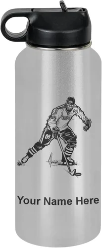 Miniatura 33 de LaserGram Botella de agua personalizada, jugador de hockey, acero inoxidable de doble pared aislada al vacío con popote superior, regalo grabado