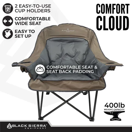 Miniatura 4 de Black Sierra Silla de campamento de gran tamaño para adultos, asiento al aire libre resistente con acolchado de felpa, soporta 400 libras, Marrón