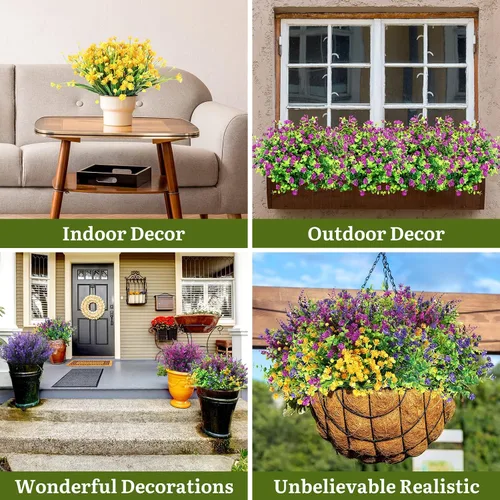 Miniatura 4 de Hoteam 48 paquetes de flores artificiales de plástico para exteriores, flores de boj de plástico, arbustos de plástico para patio, porche, jardín