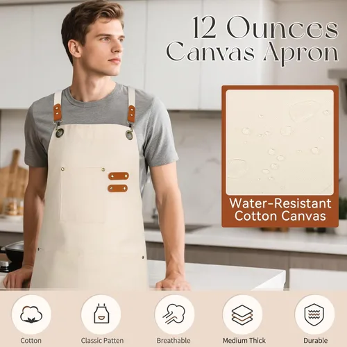 Miniatura 7 de Delantales de chef para hombres y mujeres con bolsillos grandes, delantal de cocina de lona de algodón repelente al agua para cocinar