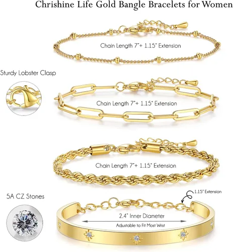 Miniatura 4 de Delicadas pulseras de oro para mujer, chapadas en oro de 18 quilates, ajustables, apilables, juego de pulseras de circonita cúbica en capas