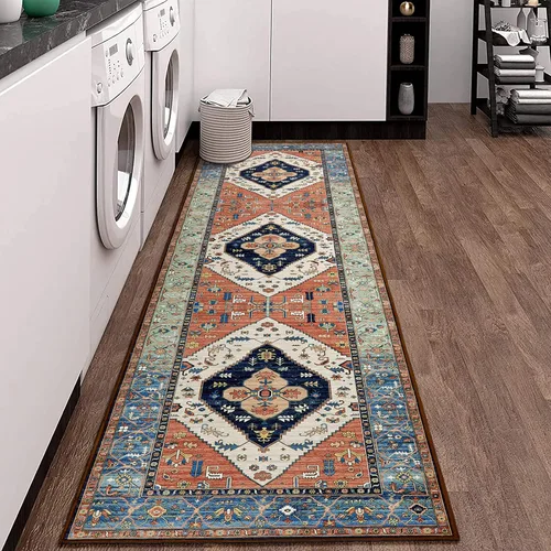 Miniatura 8 de Beeiva Alfombra de pasillo lavable oriental con medallón tribal vintage de 2 x 7 pies con respaldo de goma, medallón tribal vintage no Óxido/Azul