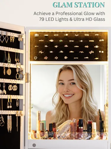 Miniatura 23 de LUXFURNI Armario de joyería con luz LED, espejo de pie, organizador de almacenamiento grande con cerradura y cajones (blanco)