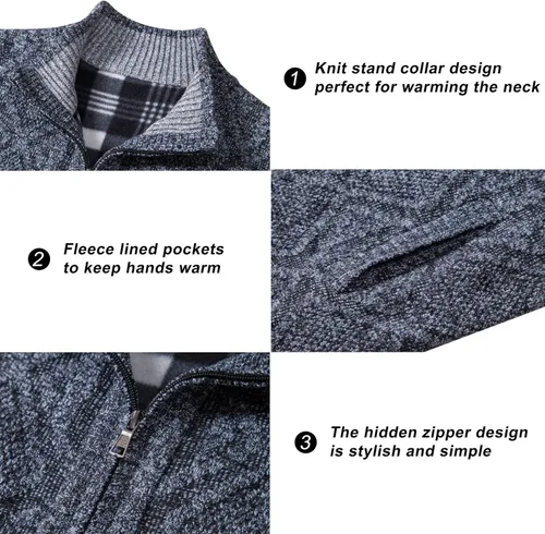 Miniatura 34 de VtuAOL Suéteres tipo cárdigan para hombre, con cremallera completa, cuello alto, cárdigan de punto casual con bolsillos