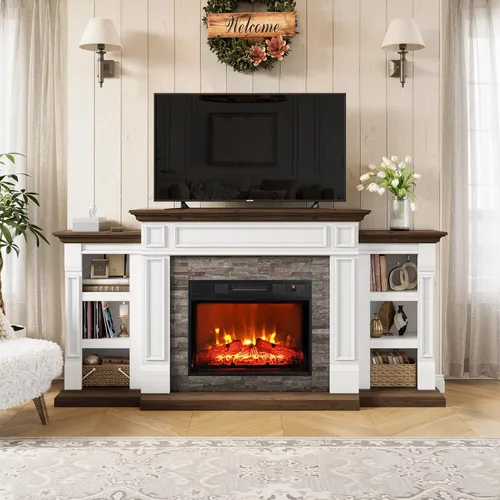 Miniatura 2 de Chimenea eléctrica de 72 pulgadas con chimenea, soporte de TV para televisores de hasta 80 pulgadas, centro de entretenimiento de granja con Blanco