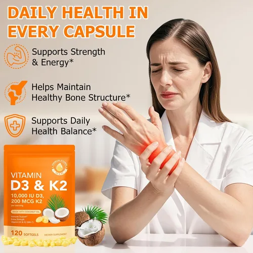 Miniatura 8 de Liefiet Vitamina D3 K2 10000 UI con 200 mg, cápsulas de vitamina D3 y K2, complejo de vitaminas D y K 2 en 1 con aceite de coco virgen, 120 cápsulas