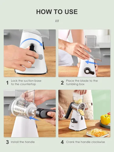Miniatura 6 de Reemix - Rallador rotativo de queso con asa, triturador de queso vegetal para cocina, 3 cuchillas intercambiables para queso, papa, calabacín, Blanco