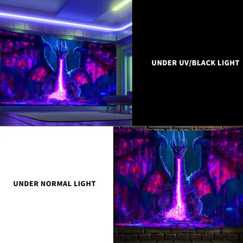 Miniatura 3 de ADDWel Tapiz de luz negra con dragón, tapiz genial de dragón malvado que brilla en la oscuridad, pósteres de luz negra reactivos a UV para colgar