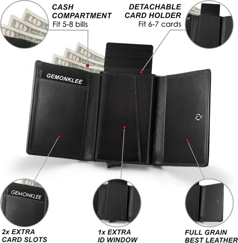 Miniatura 5 de Gemonklee Cartera emergente, tarjetero magnéticamente desmontable, cartera pequeña para hombre, cartera RFID con clip para dinero, cartera
