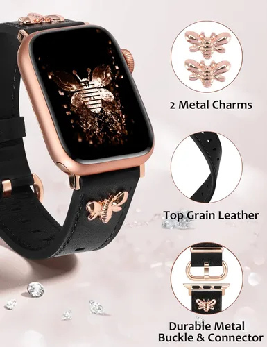 Miniatura 3 de W-RARA Correas de cuero compatibles con Apple Watch Band de 38/40/41/42/44/45/46/1.929 in para mujer, elegante correa de cuero elegante con dijes