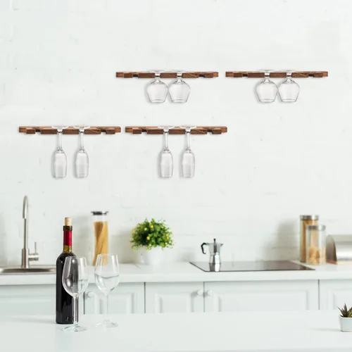 Miniatura 4 de Ripeng 4 piezas de estante de pared de madera para copas con soporte para champán, estante rústico para colgar copas de vino, estante flotante