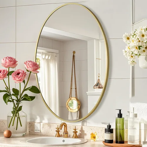 Miniatura 15 de Espejo ovalado dorado para baño, espejo de baño ovalado de 20 x 28 pulgadas con marco de metal cepillado, espejo de tocador decorativo montado